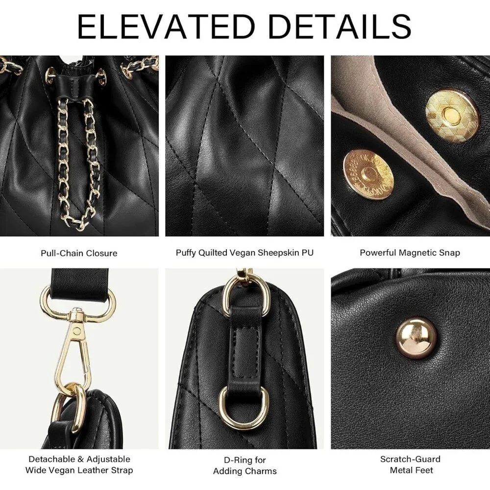 Women Black Crumpled Vegan Leather Quilted Adjustable Strap Shoulder Tote Bag